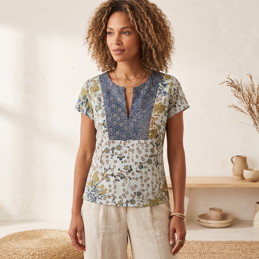 VTG Y2K BCBG Boho Top Mix Floral Print Blue Green Fairy Romantic Cottage Retro L